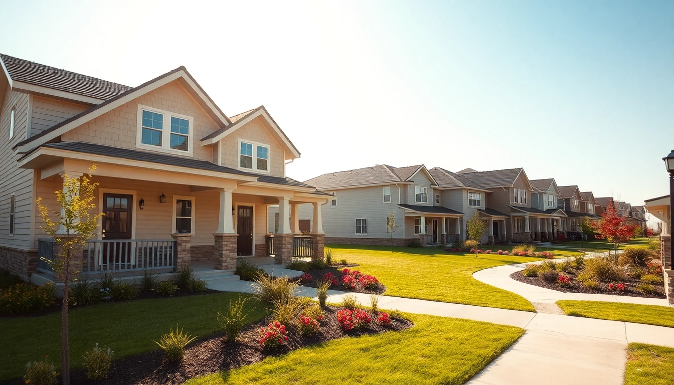 View of new home construction near me, showcasing modern designs and vibrant landscaping in a sunny neighborhood.