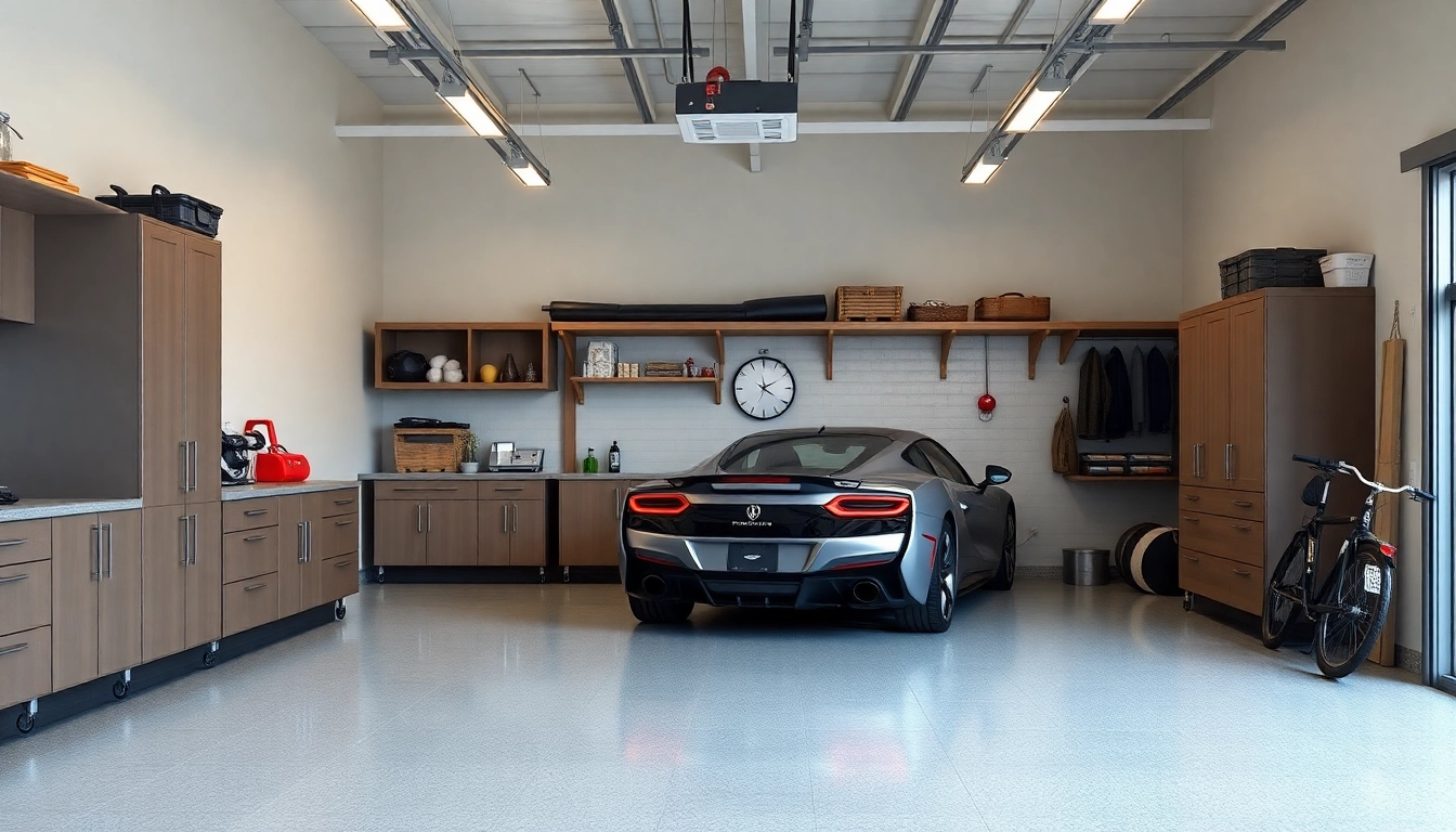 Showcase custom garages featuring modern design, ample storage, and bright lighting for a functional space.