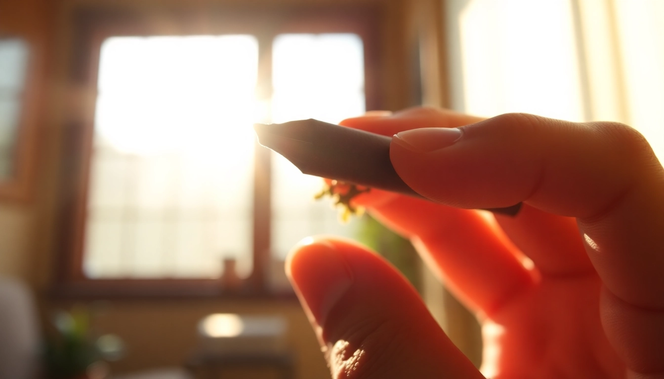 Hand rolling CBD Tobacco with textured leaves in a sunlit indoor setting.