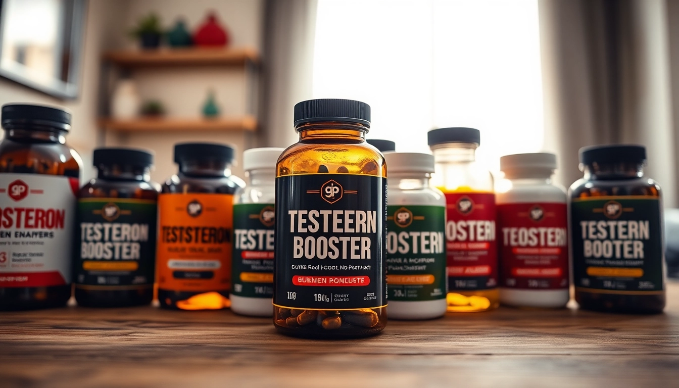 Testosteron-Booster supplements on display, showcasing vibrant bottles and natural ingredients for health improvement.