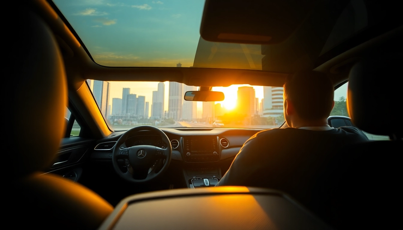 Experience professional chauffeur hire Kuala Lumpur in a luxury car against a stunning sunset backdrop.