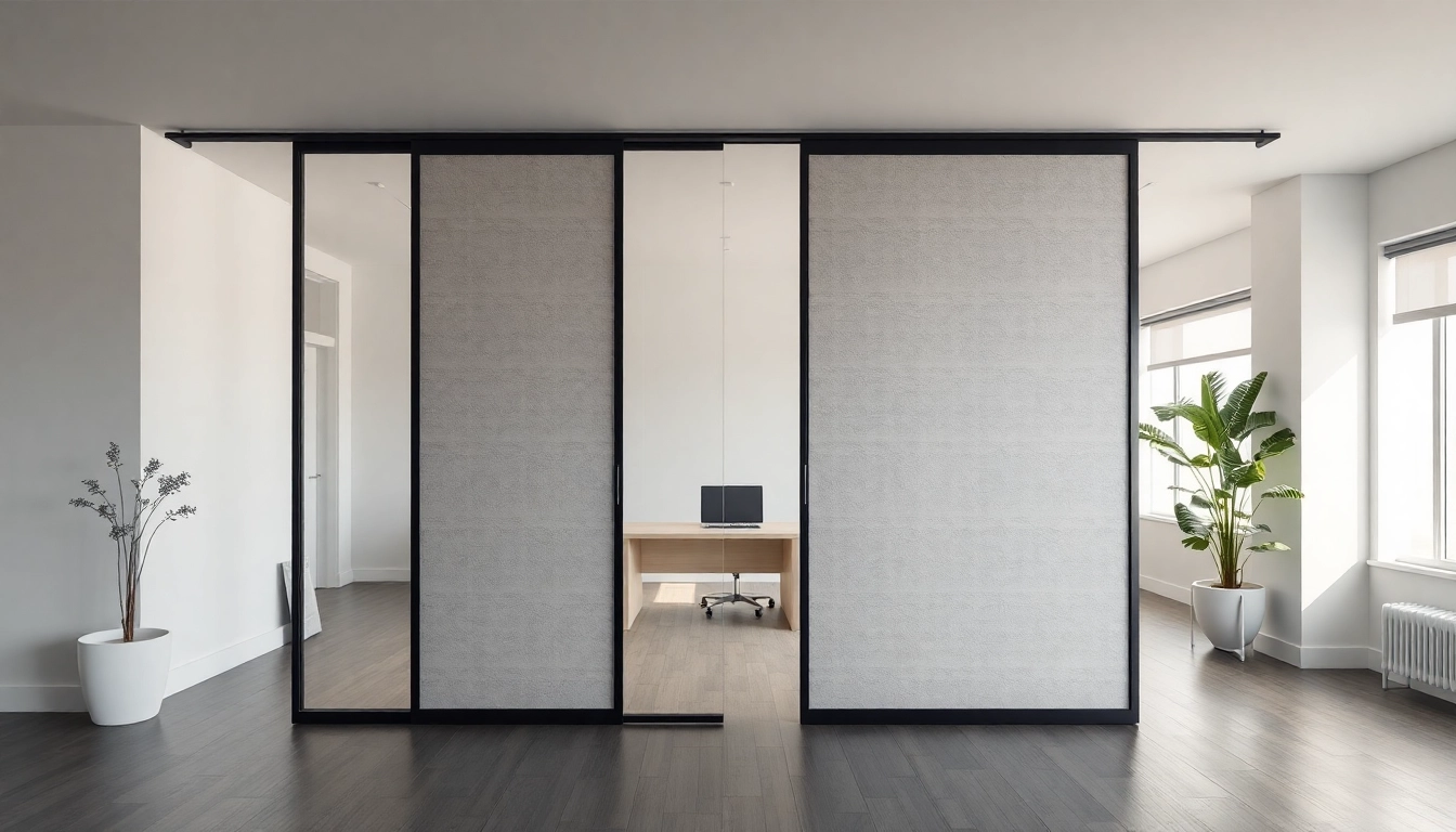Modern sliding partition wall elegantly dividing an office space, enhancing functionality and style.