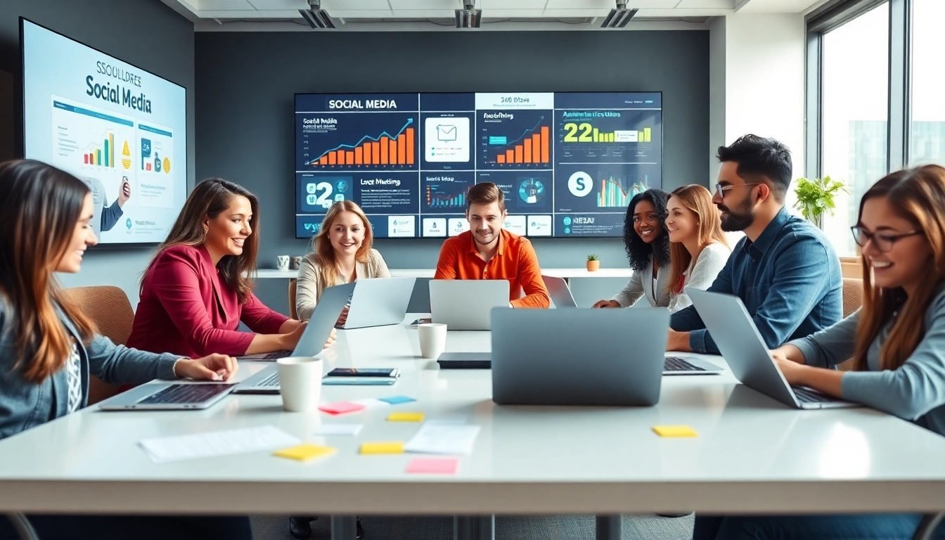 Engaged social media agency team brainstorming strategies in a vibrant office setting