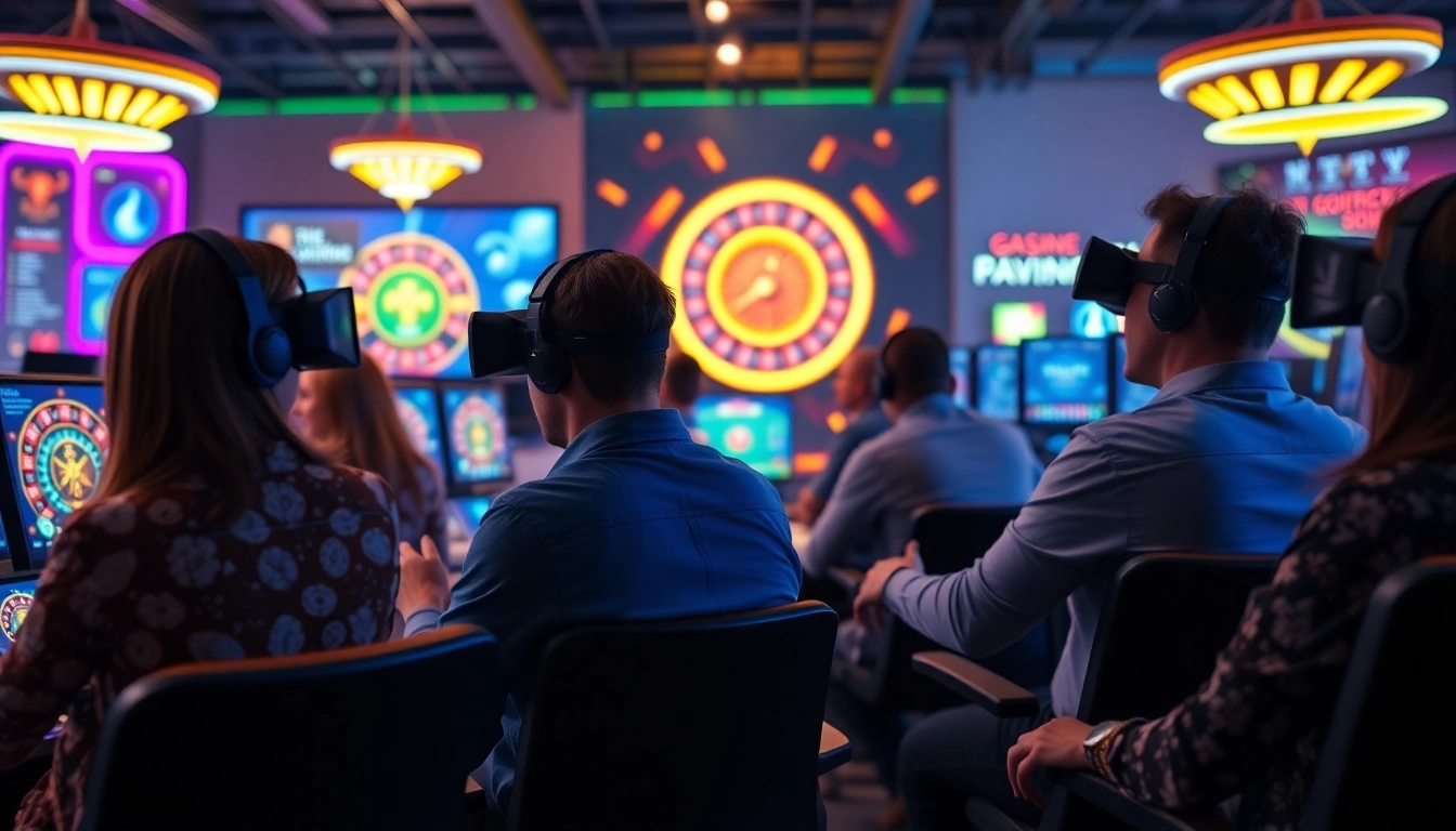 Engaged players enjoying internet casinos in a dynamic digital setting with colorful gaming elements.