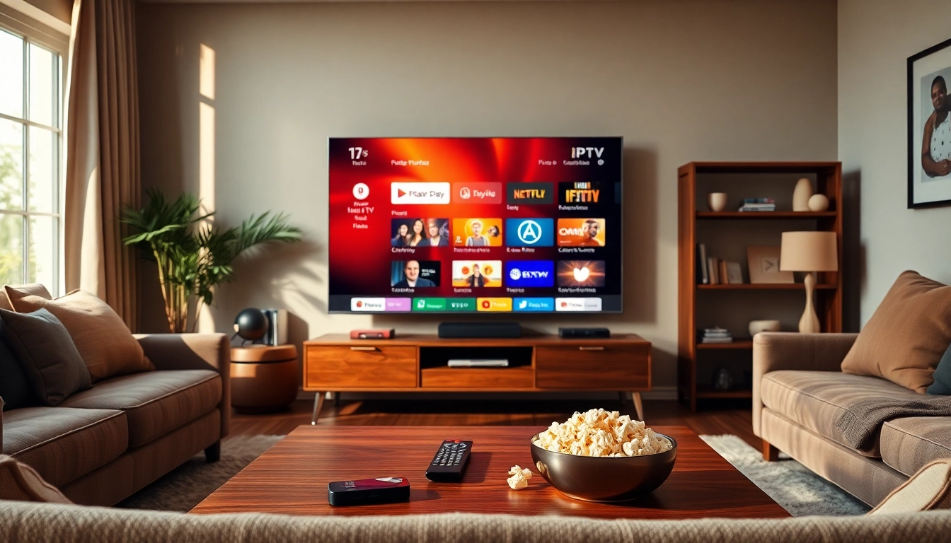 Experience a seamless 24h iptv test with a modern living room setup showcasing vibrant TV entertainment.