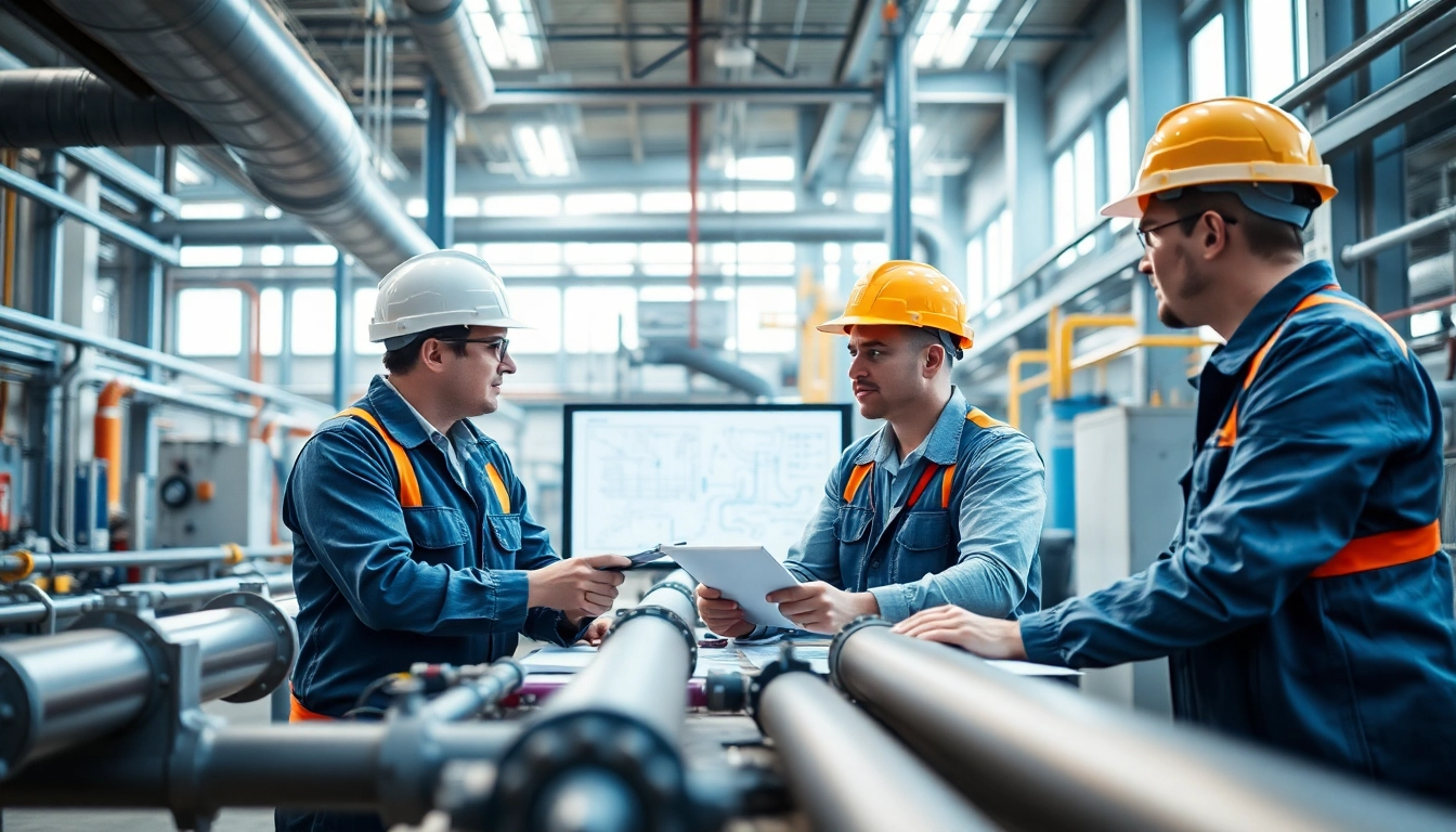 Engineers evaluating pipe stress in an industrial space, showcasing a skilled pipe stress Company