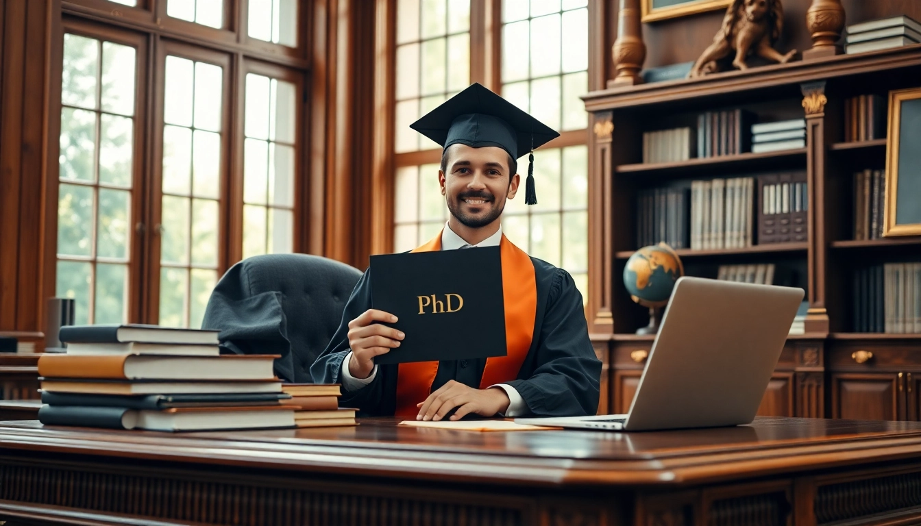 Discover where to buy PhD degree with a professional in academic attire holding a diploma.