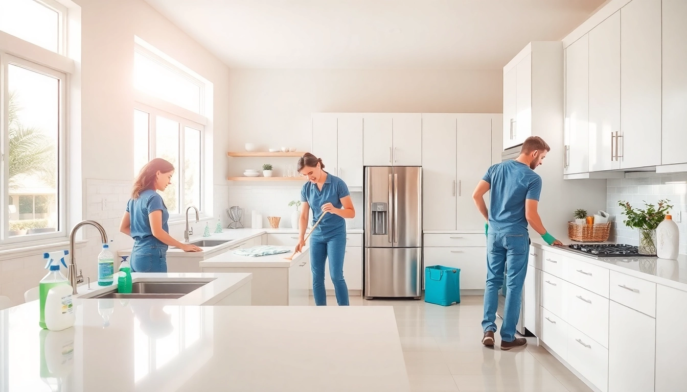 Professional move out cleaning in Camarillo, showcasing a team scrubbing surfaces and ensuring a spotless kitchen.