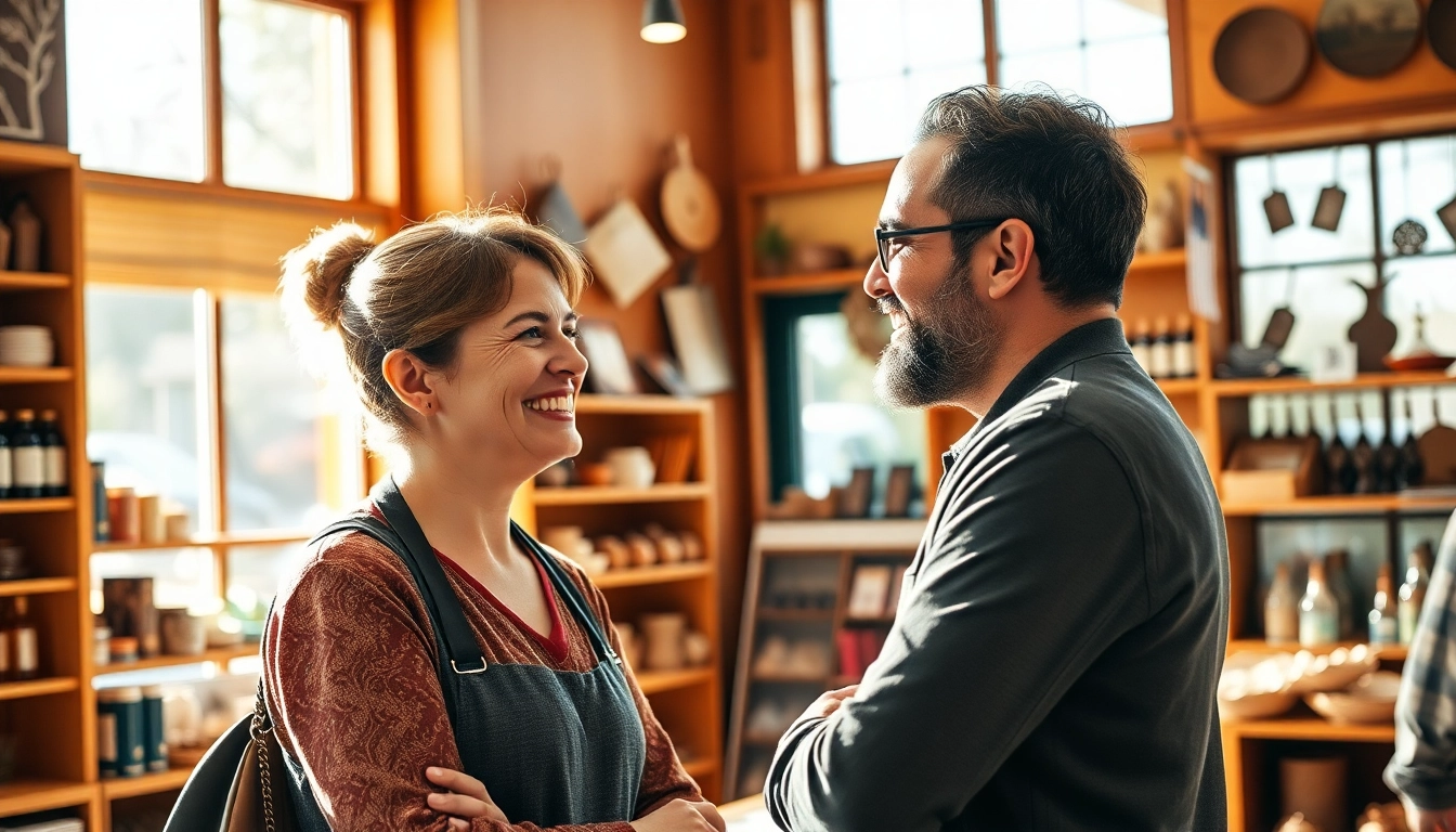 Engaging moment between a customer and friendly owner at a locally owned store.