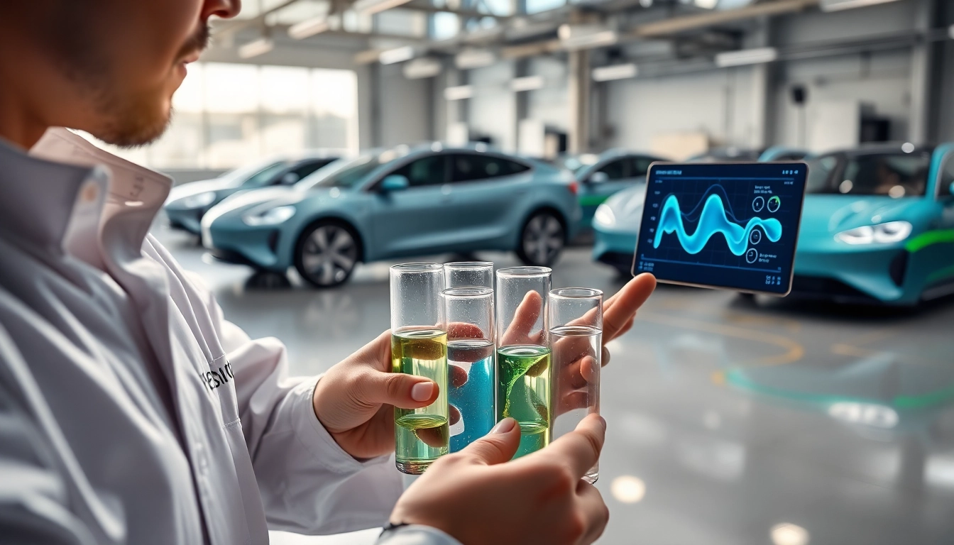 Engineer examining e fluids in an innovative automotive workshop, showcasing electric vehicle technology.