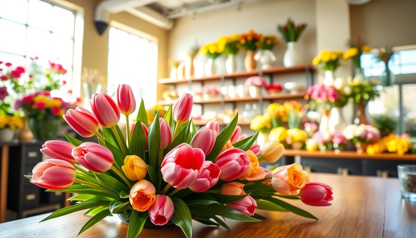 Huntington Beach florist showcasing a vibrant bouquet of tulips and roses in a welcoming shop setting.