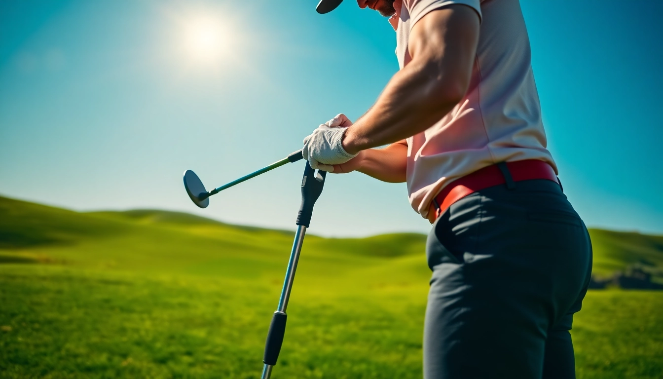 Professional golfer utilizing a golf swing training aid for perfect technique on a sunny course.