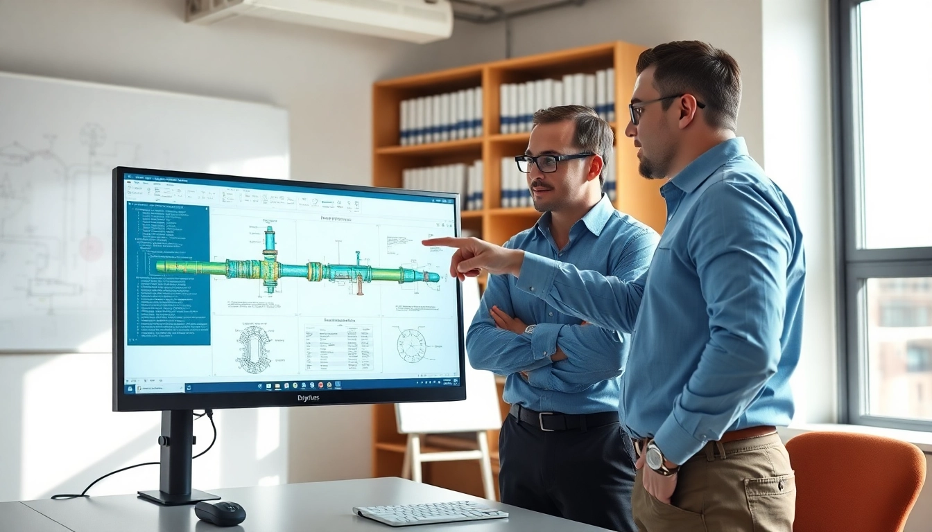 Engineers discussing a 3D model at a pipe stress analysis company in a bright office setting.