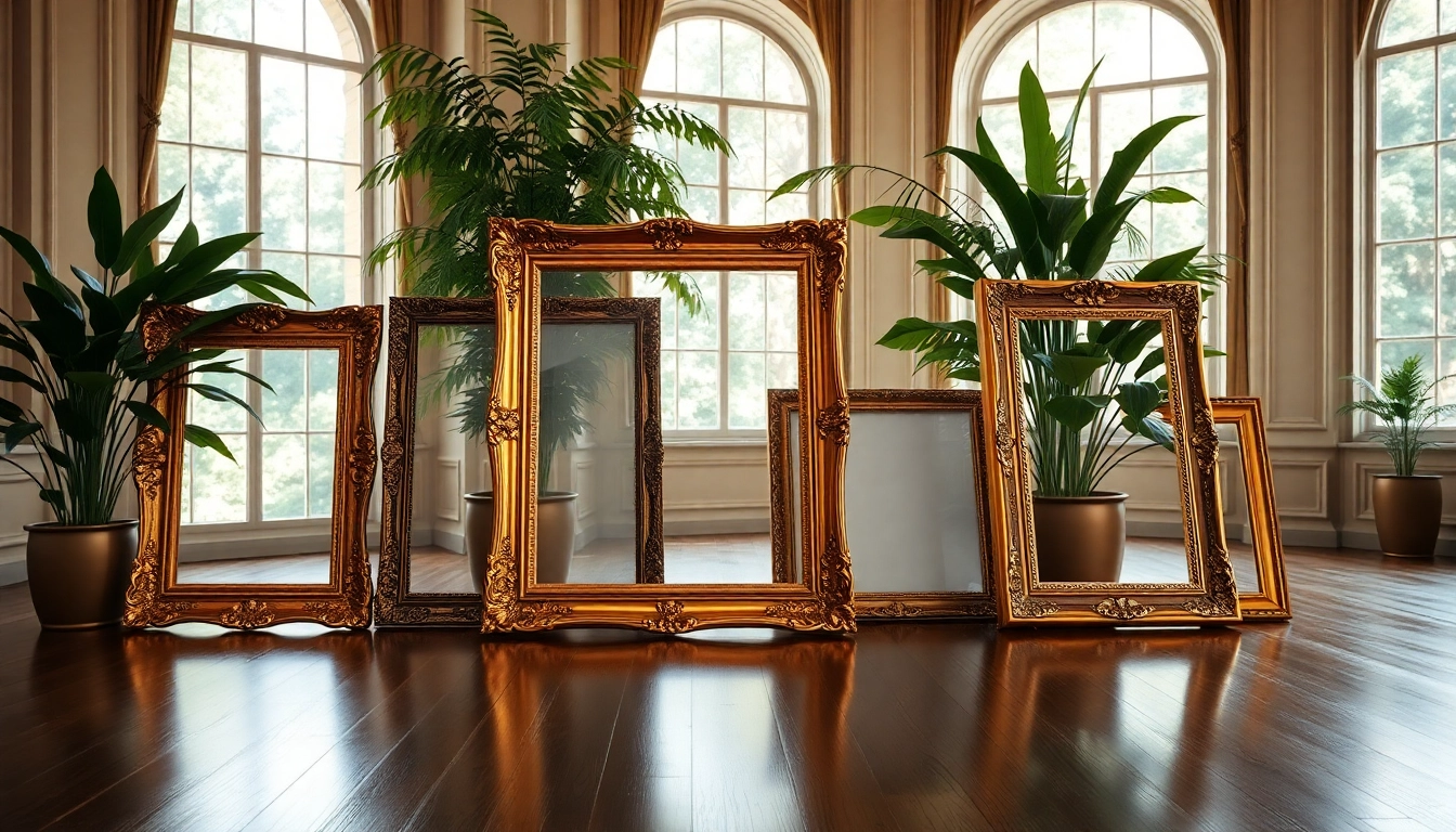Showcasing ornate picture frames with intricate designs in a sophisticated gallery setting.