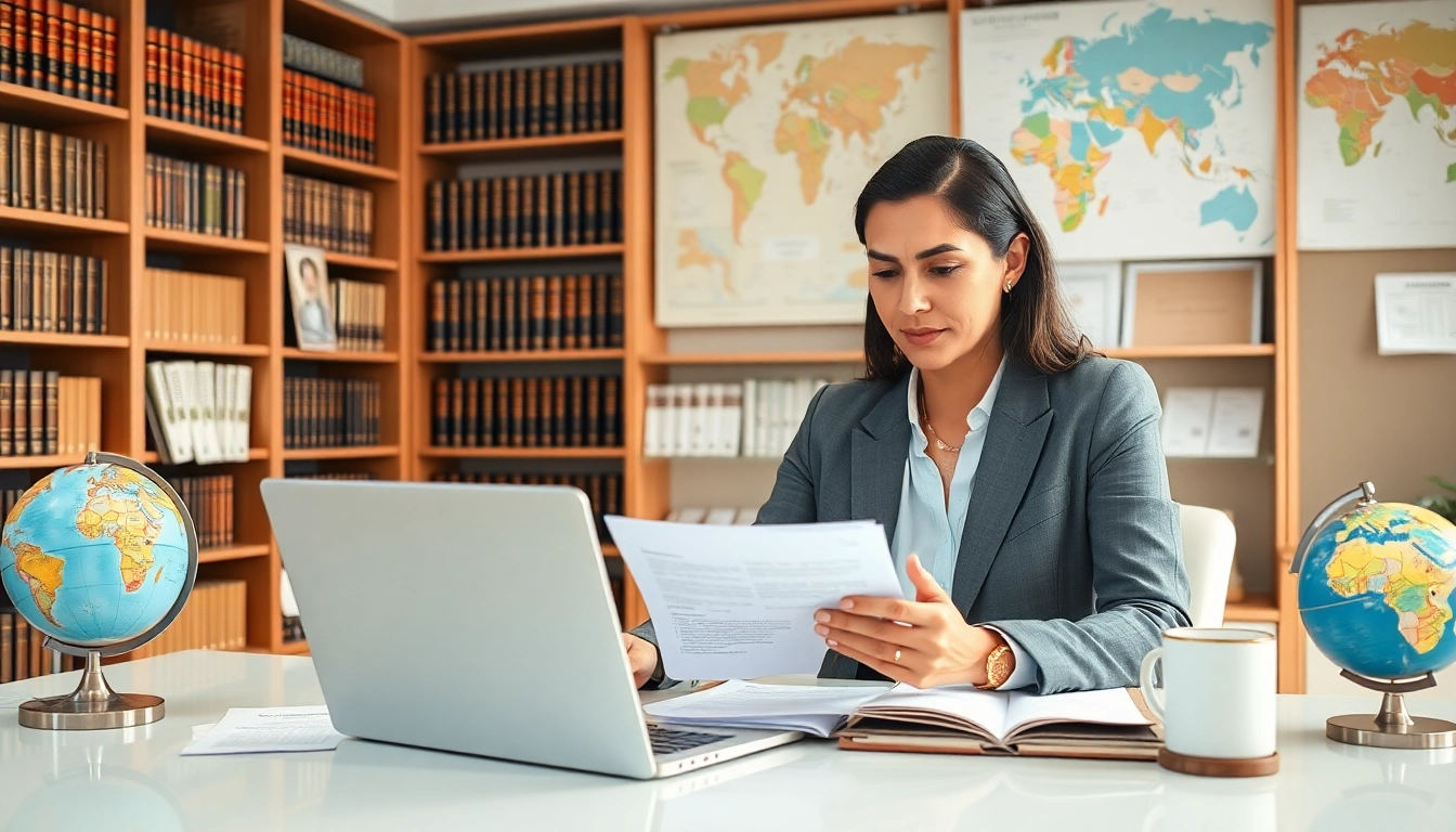 Consultant reviewing residencia application documents in a modern office.