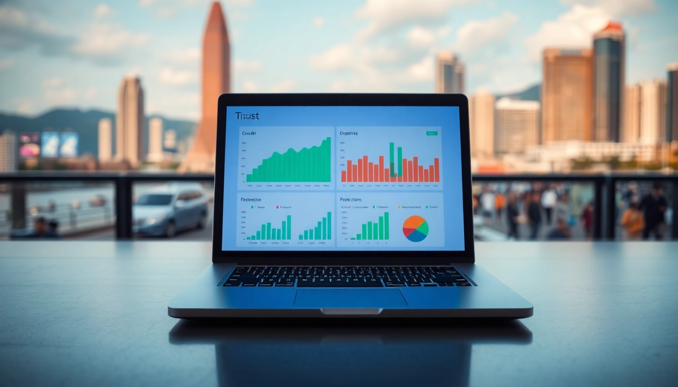 Menganalisis data Macau dengan grafik dan diagram pada laptop di latar belakang skyline.