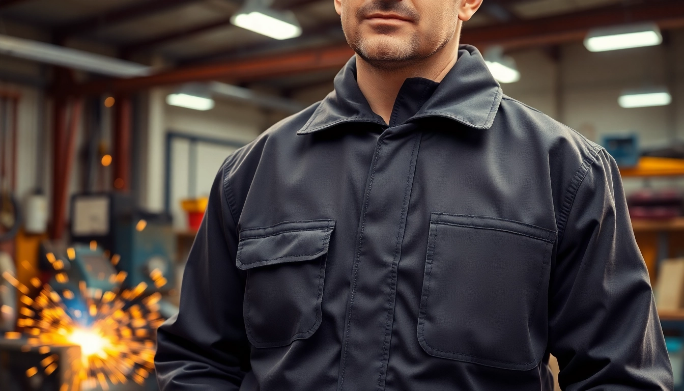 Welder demonstrating a high-quality welding jacket in an industrial setting.
