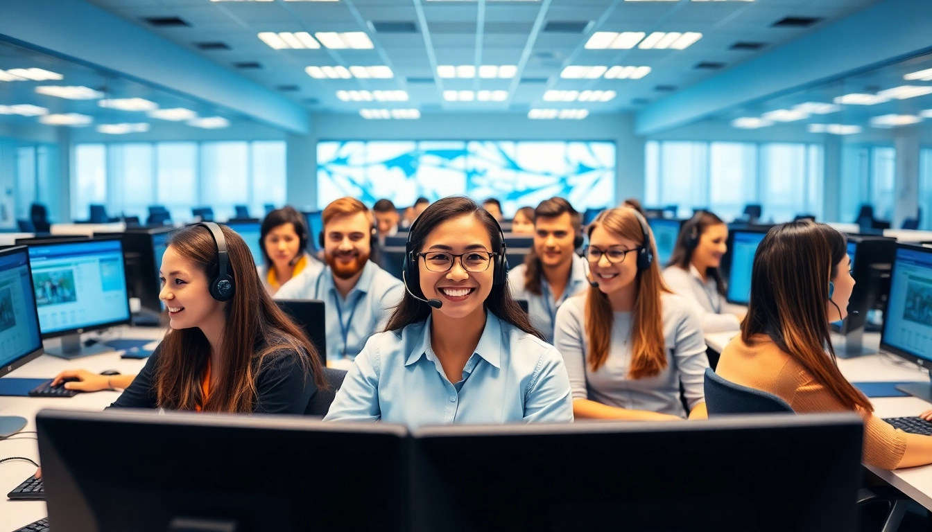 Enhance your call center services with a professional team in a modern office setting.