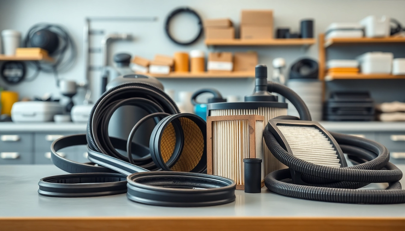 Showcase of vacuum spare parts including filters and belts for efficient cleaning solutions.