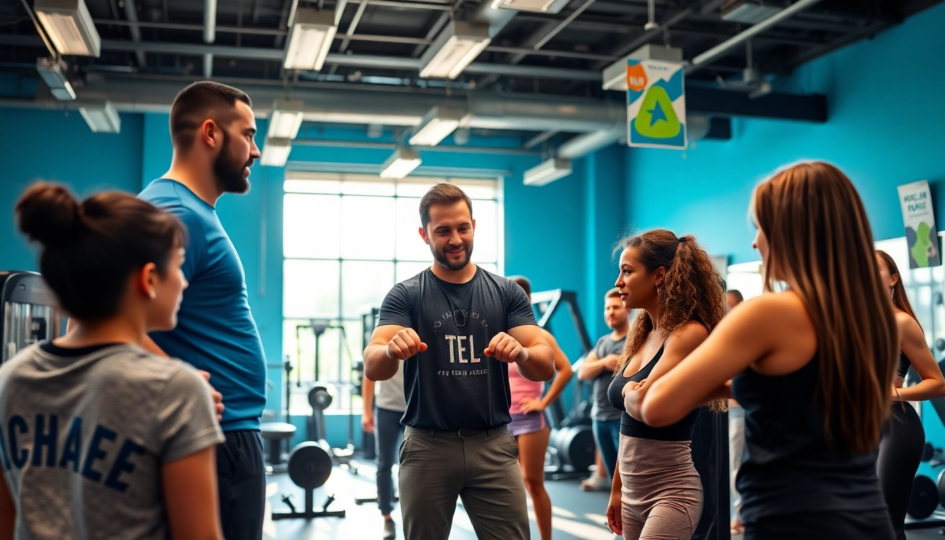 Group gym Training Consultation with a professional trainer guiding individuals on proper techniques.