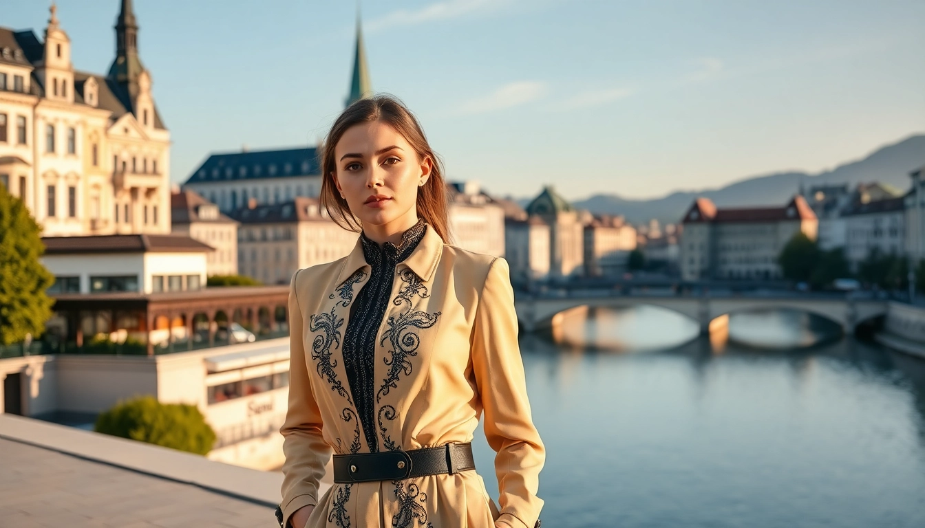 Model Zurich in stilvollem Outfit vor der beeindruckenden Zürcher Skyline.