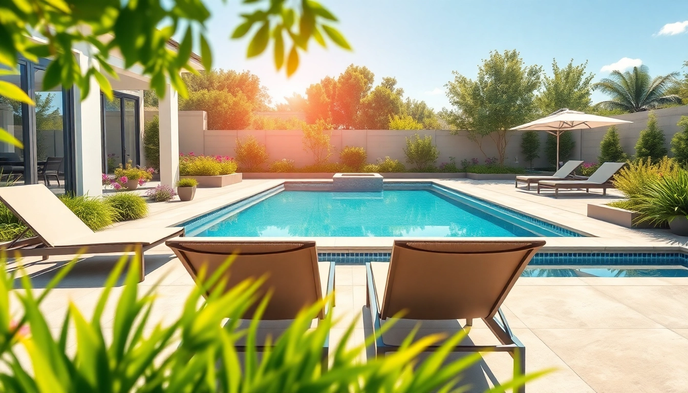 Modern swimming pool installation surrounded by lush landscaping and cozy patio decor.