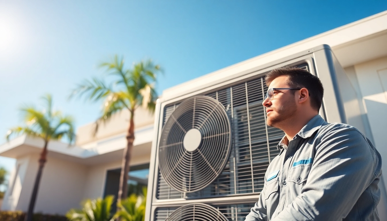 Technician delivering HVAC services Los Angeles in a residential setting with air conditioning unit.