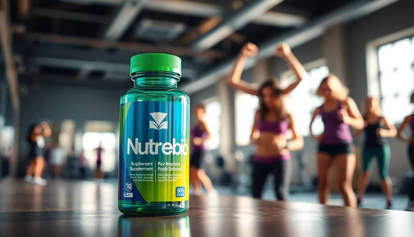 Nutrabio supplement bottle prominently displayed in an energetic gym environment.