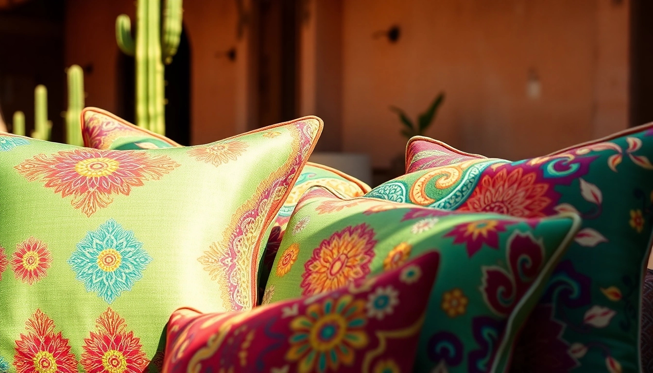 Arrange luxurious Cactus Silk Pillows displaying intricate designs in a warm Moroccan setting.