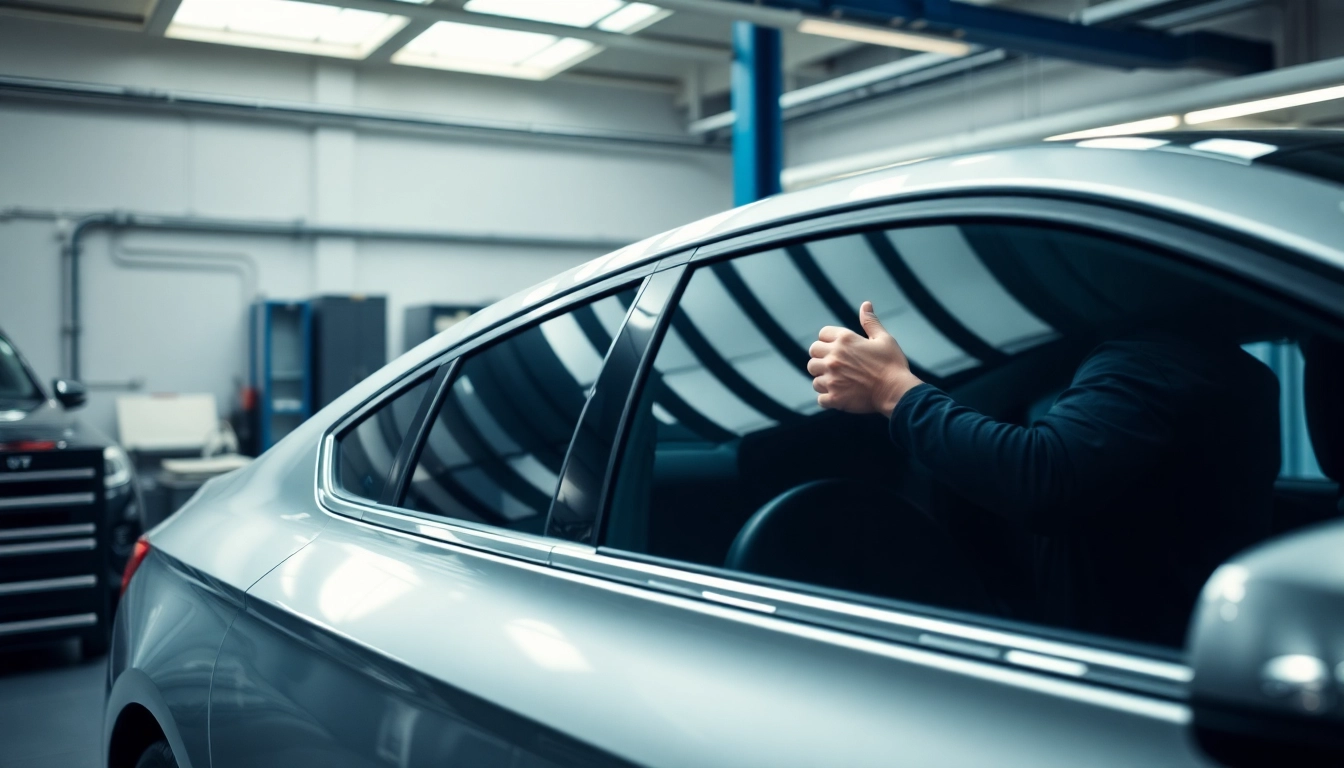 Tinting a vehicle professionally with car tint near me services in a modern workshop