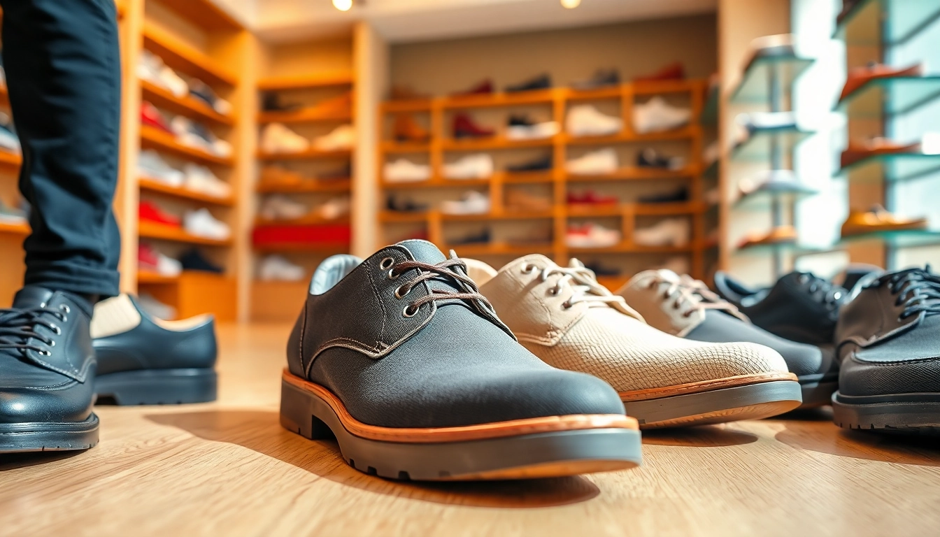 Entdecken Sie bequeme Schuhe mit breiter Zehenbox in einem modernen Schuhgeschäft.