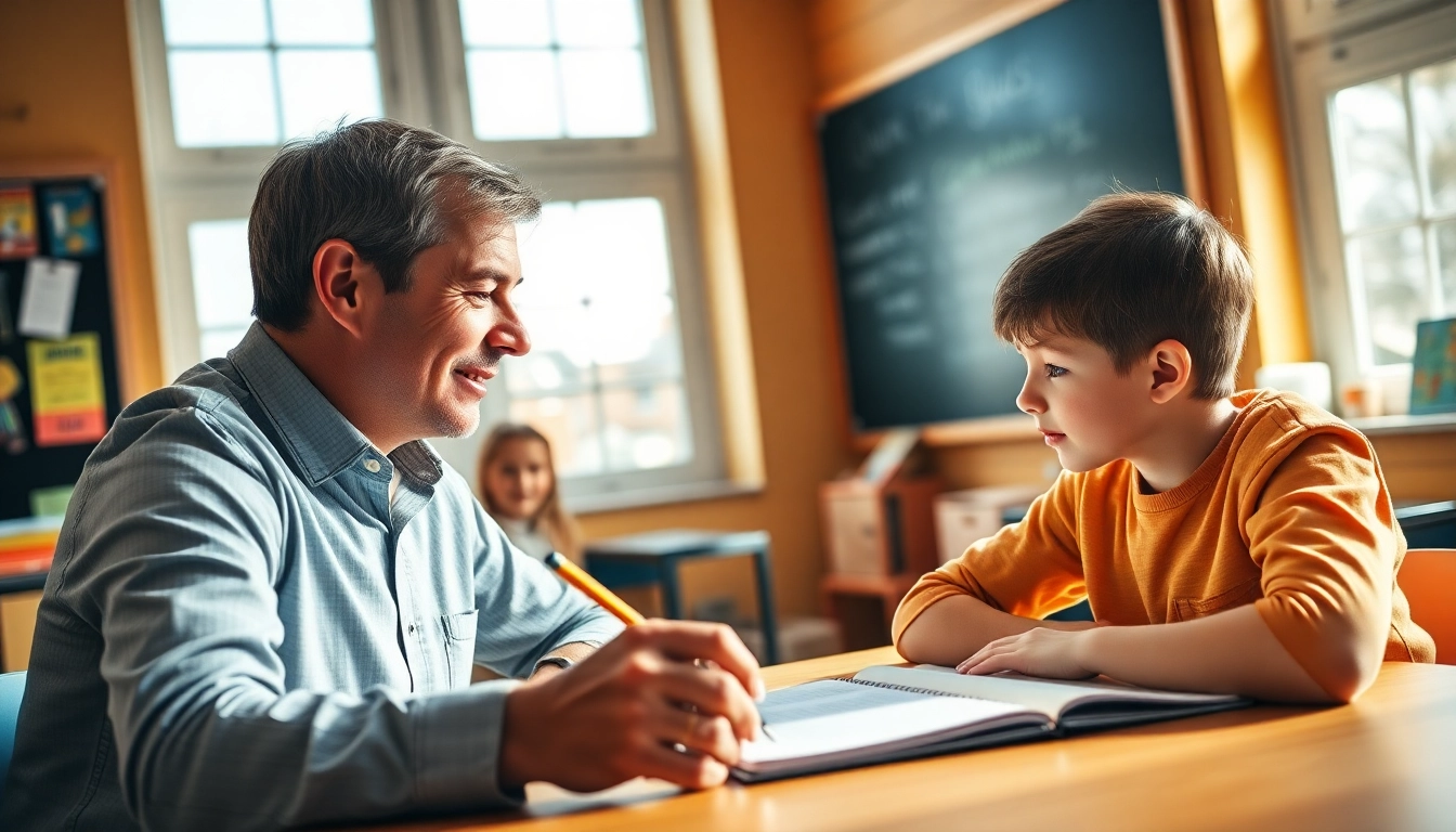 11 plus tutor helping a student learn in a bright, engaging classroom