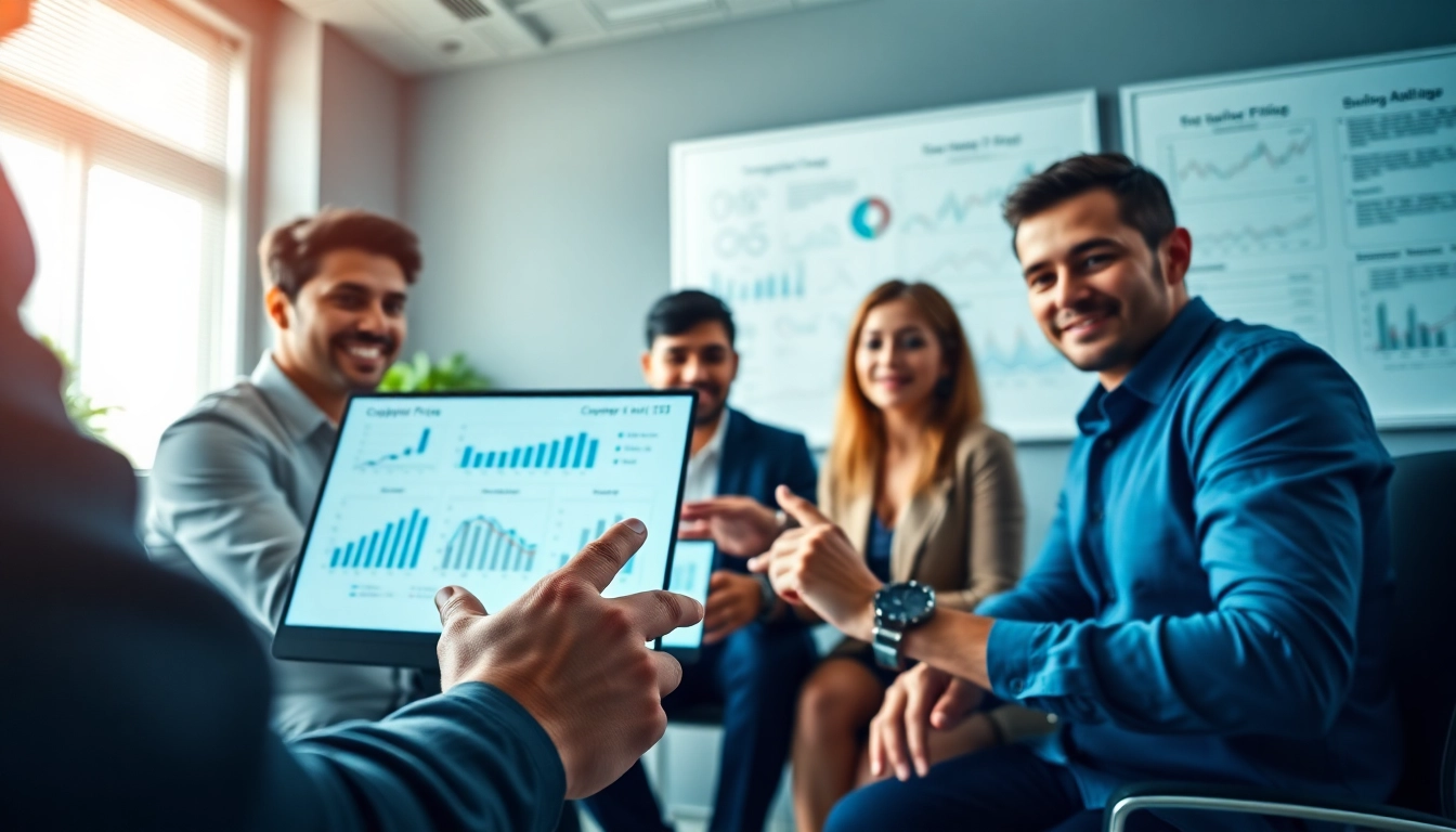 Collaborative team analysis of competitor pricing analysis strategies in a modern office.