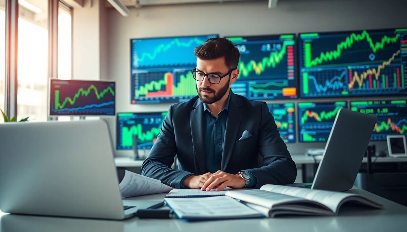 Stock picker analyzing market data in a modern office setting.