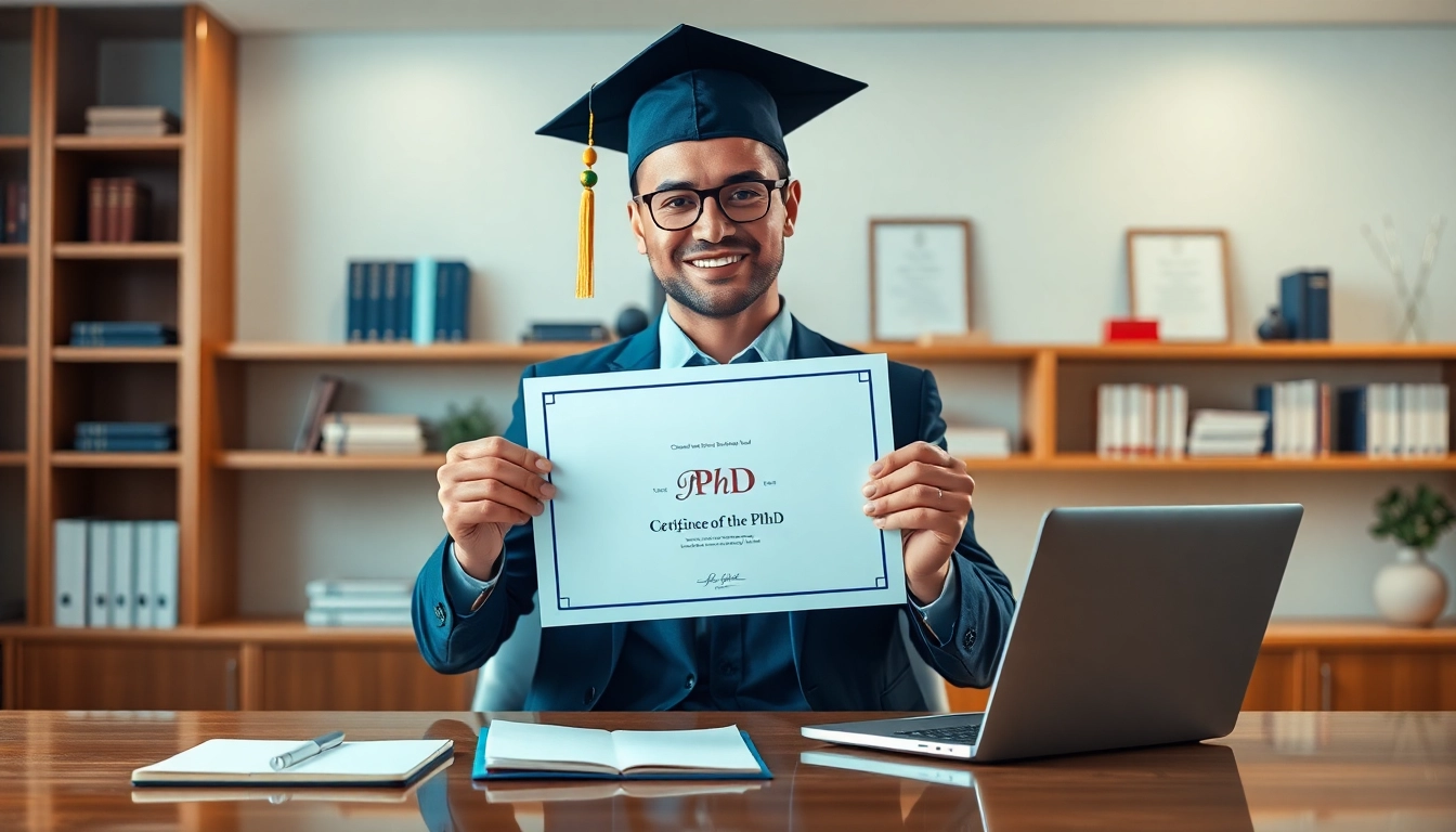 Learn where to buy PhD degree certificates in a modern professional office.