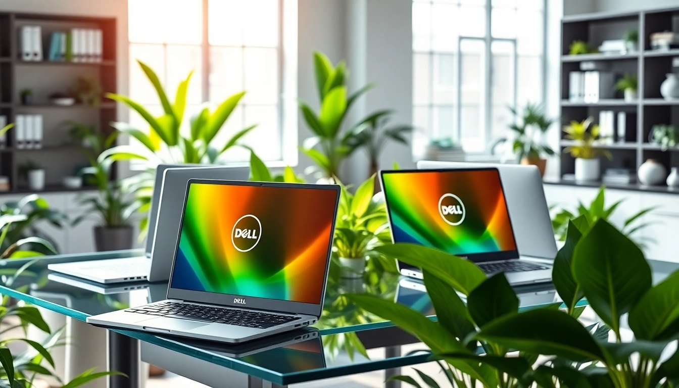 Explora laptops Dell de última generación en un moderno escritorio de oficina.