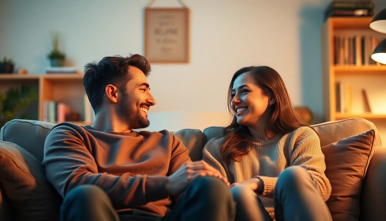 Couple engaging in communication in relationships, sharing smiles and warm expressions in a cozy living room.