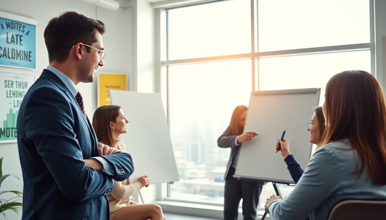 Engaging business coaching service in a modern office with a confident coach leading a session.