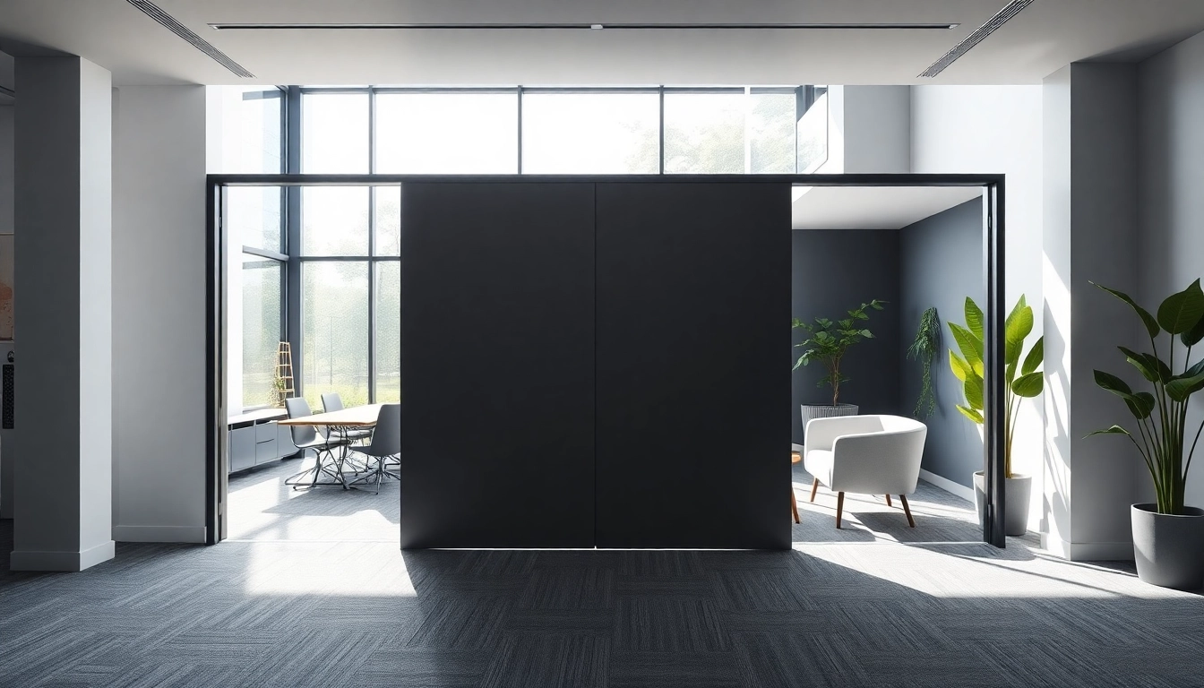 Enhance your space with a sliding partition wall that elegantly divides office areas while maintaining a minimalistic aesthetic.