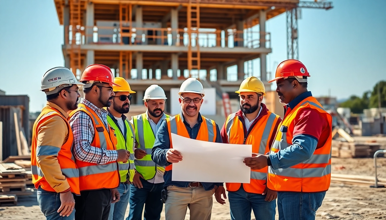 Engaged Southern California contractors collaborating at a construction site with blueprints.
