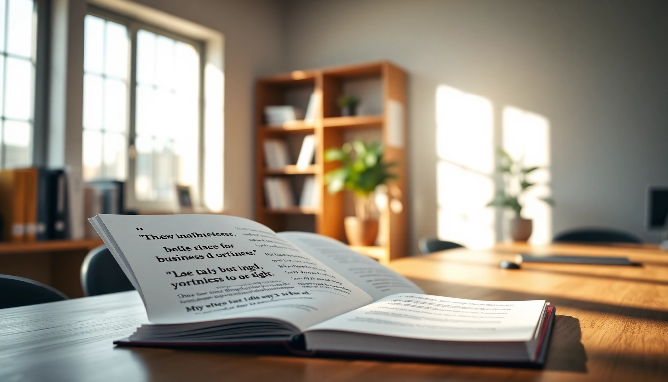 Inspiring business quotes written in an open notebook on a sleek desk