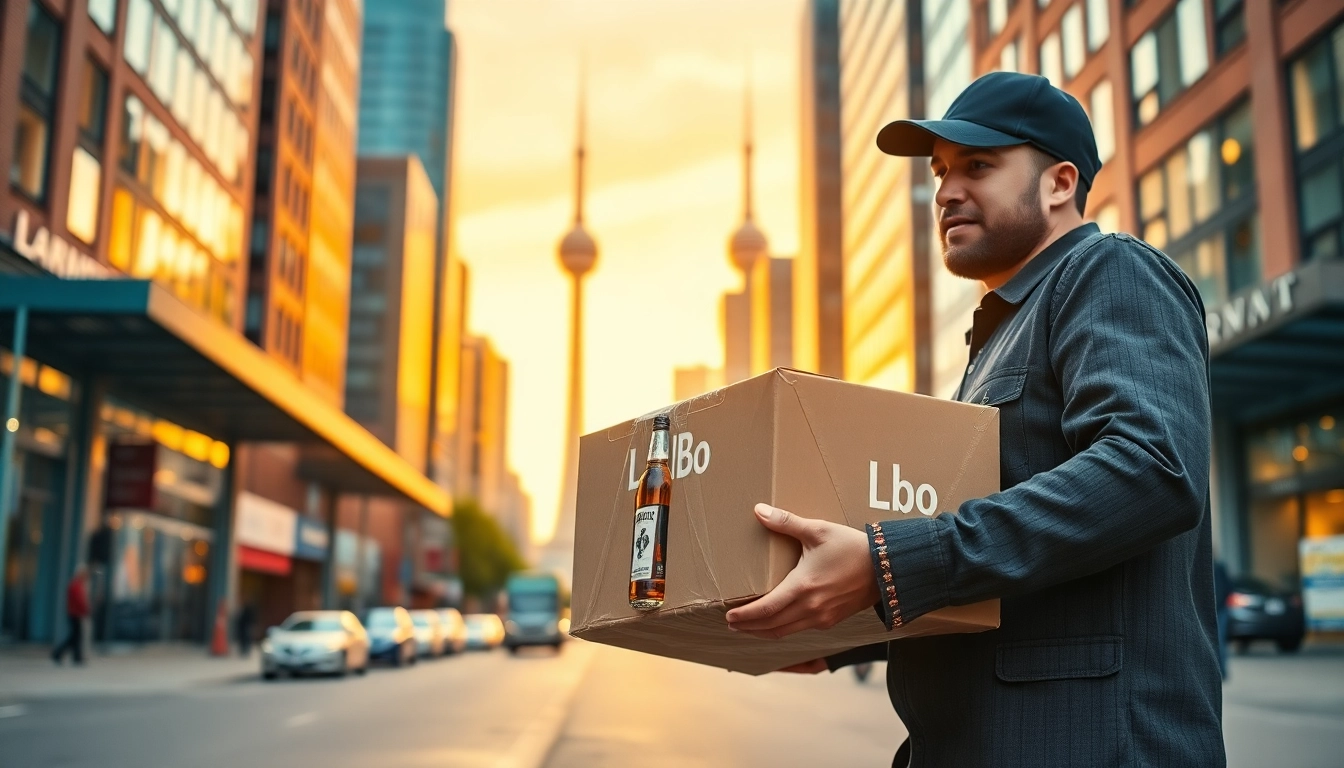 Experience fast lcbo delivery Toronto with a professional courier in a bustling city setting.