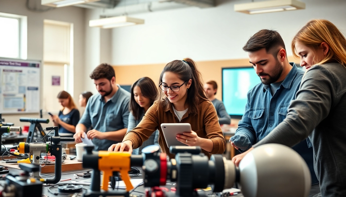 Students learning at a trade school Knoxville TN, collaborating with equipment in a vibrant classroom.