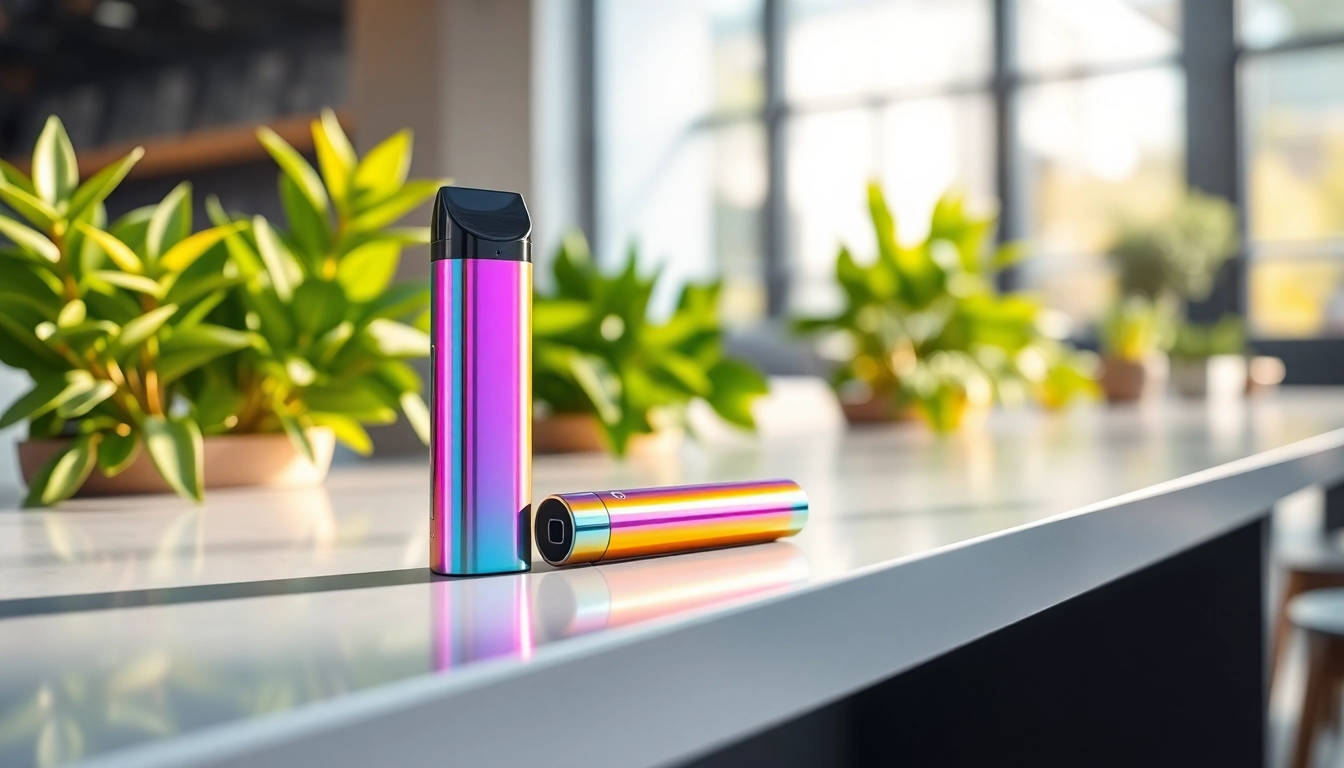 Experience the colorful design of a nicotine free disposable vape on a modern tabletop, highlighting its appeal.
