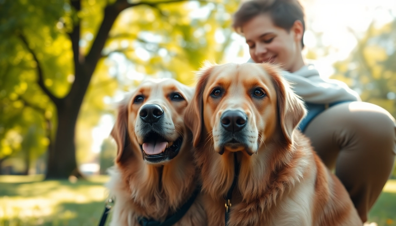 Psychiatric service dogs provide emotional support to their handlers in a serene park setting.
