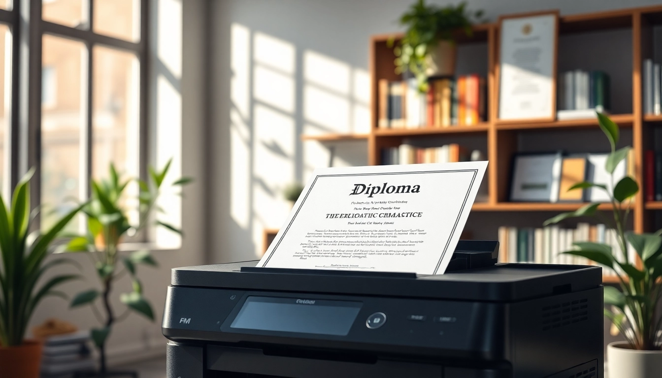 Buy a fake diploma displayed prominently on a professional printing setup to ensure quality.