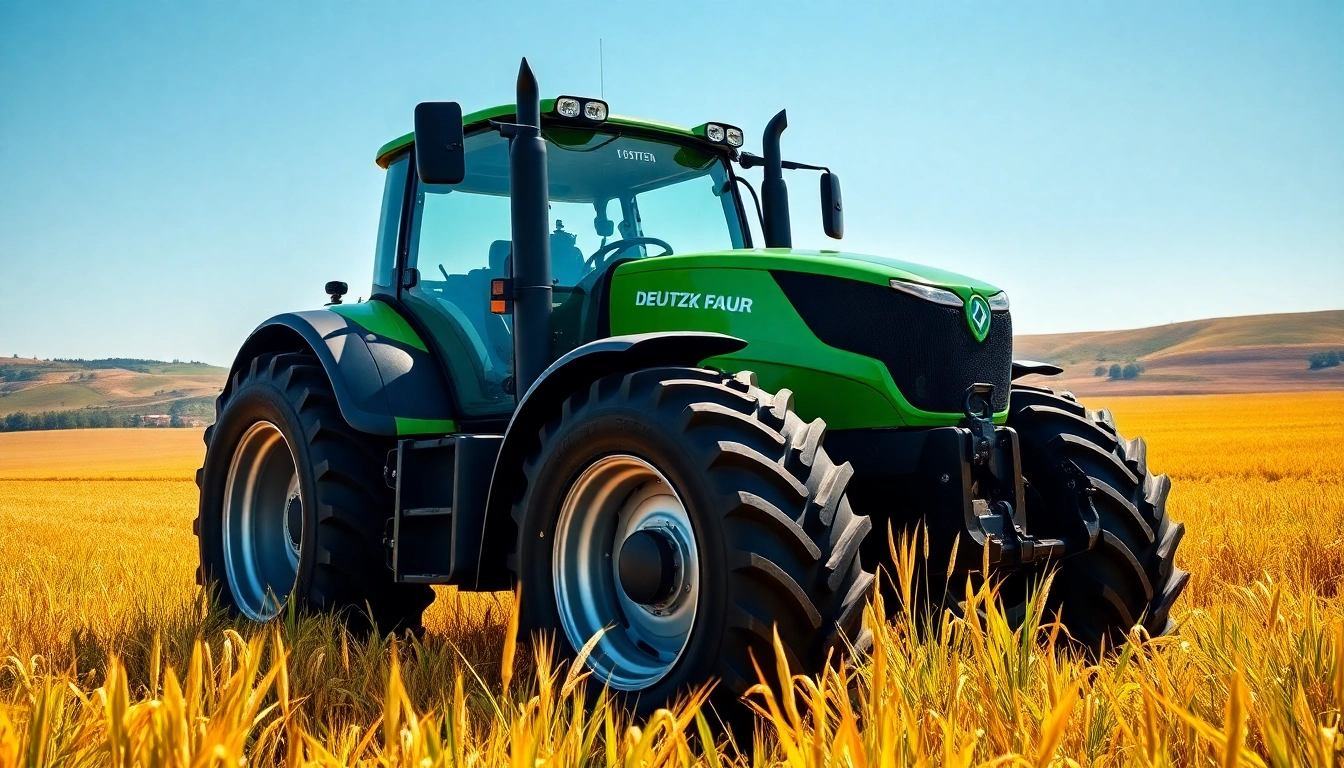 Deutz Fahr Traktor in einem weiten Ackerfeld, das seine Kraft und Zuverlässigkeit demonstriert.