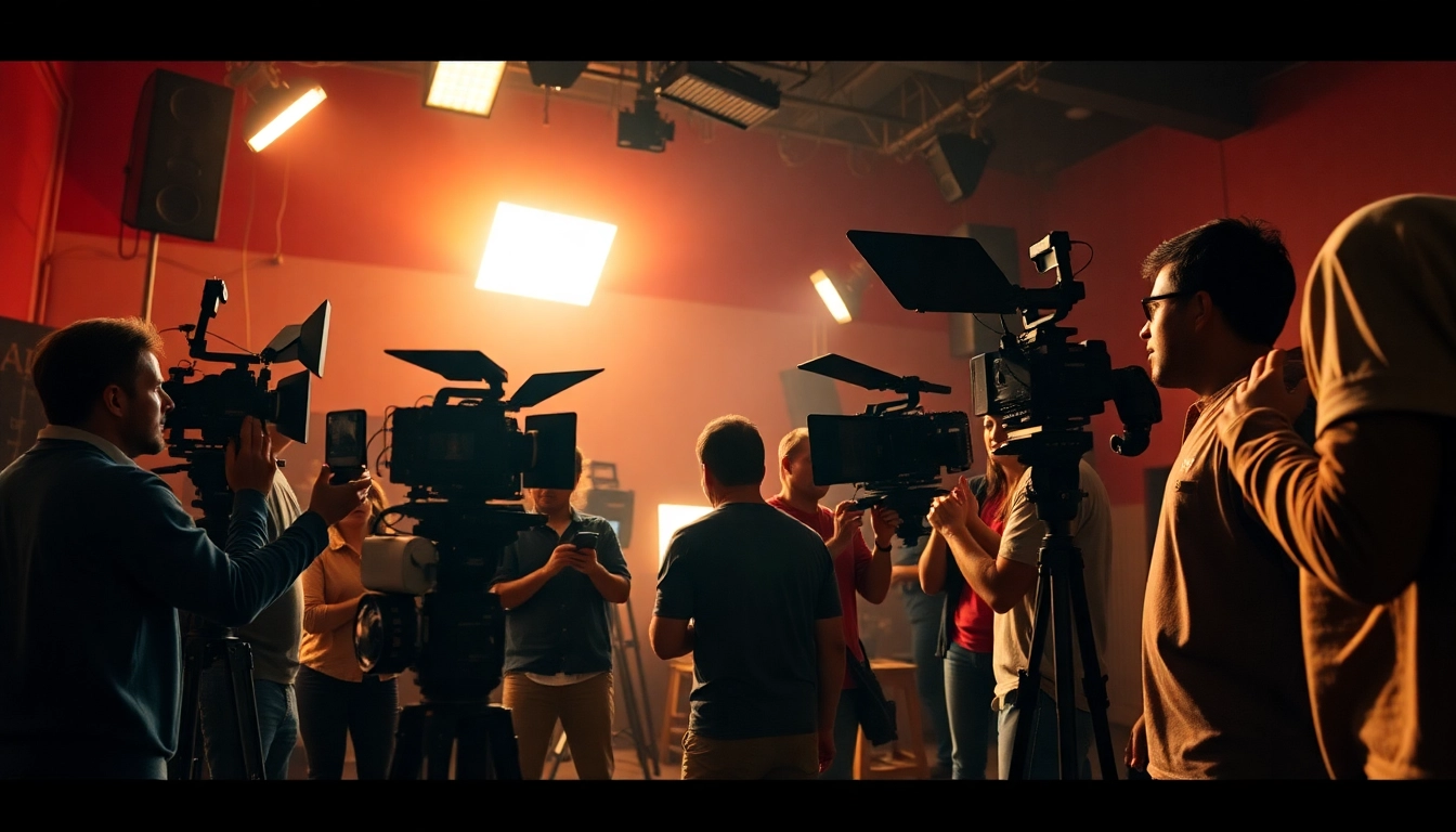 Film crew engaged in 영상제작, showcasing teamwork on set with dynamic lighting and vibrant colors.