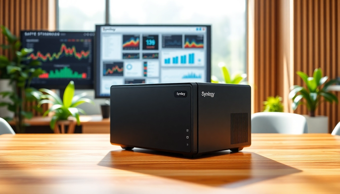 Showcasing Synology Storage in a modern office setting with data analytics displayed