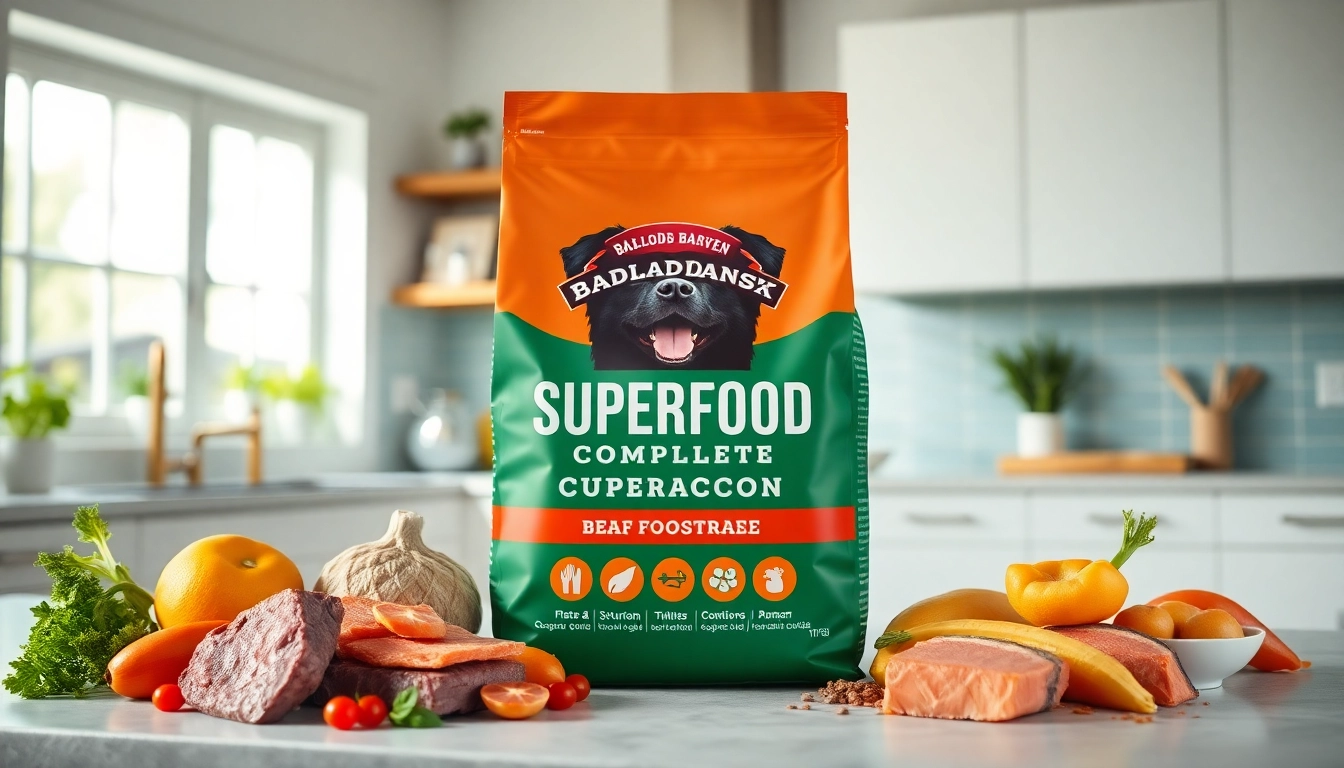 Showcasing badlands ranch superfood complete dog food surrounded by fresh ingredients highlighting its premium quality.